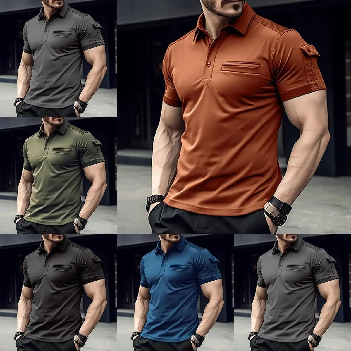 2025 Hot Sale Casual Men Summer Solid T-Shirt Lapel Button Short Sleeve Polo Shirts Pocket men's street muscle Sports polo shir - Image 2