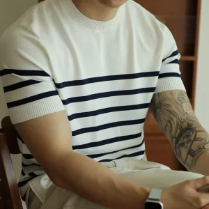 Men's Light Ripe Wind Round Neck Striped Knit Short Sleeve T-shirt Retro Casual Business Spring Summer Top Half Sleeve T-shirt